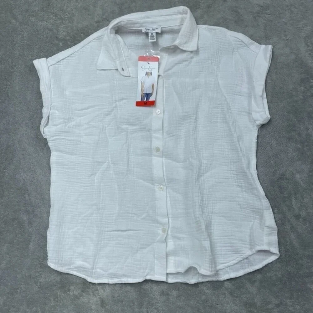 Jessica Simpson Women’s Button Down White Cotton Shirt Medium a1545 - Picture 2 of 6